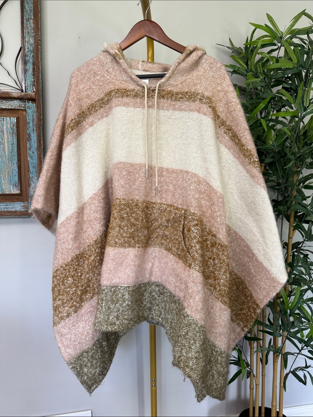 Striped Hooded Poncho in Blush, Cream & Olive NWOT
